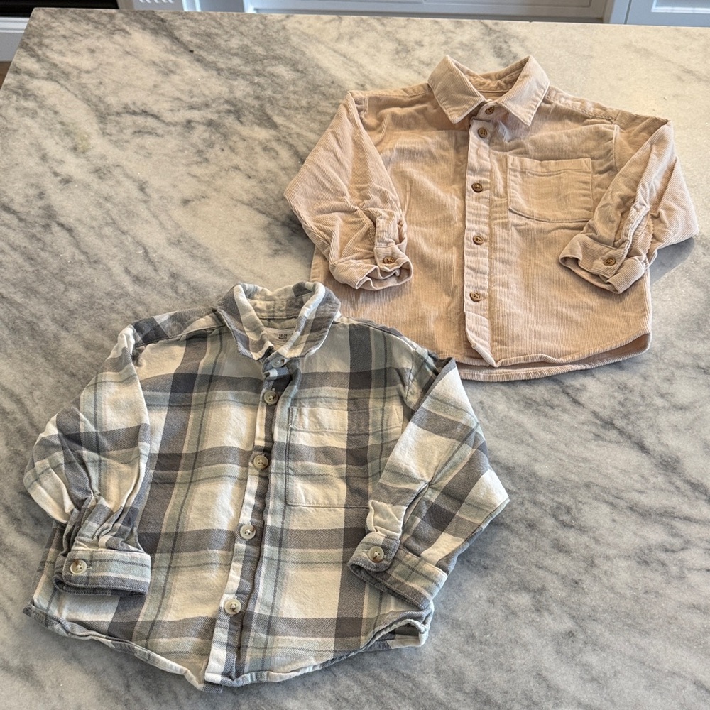 Kids Button-Front Shirt - Beige Corduroy & Gray Plaid Set